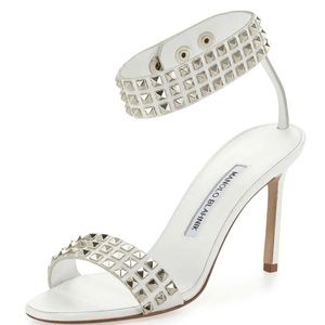 Manolo Blahnik Rocco Studded White Leather Ankle Strap Heels Sz. 38.5